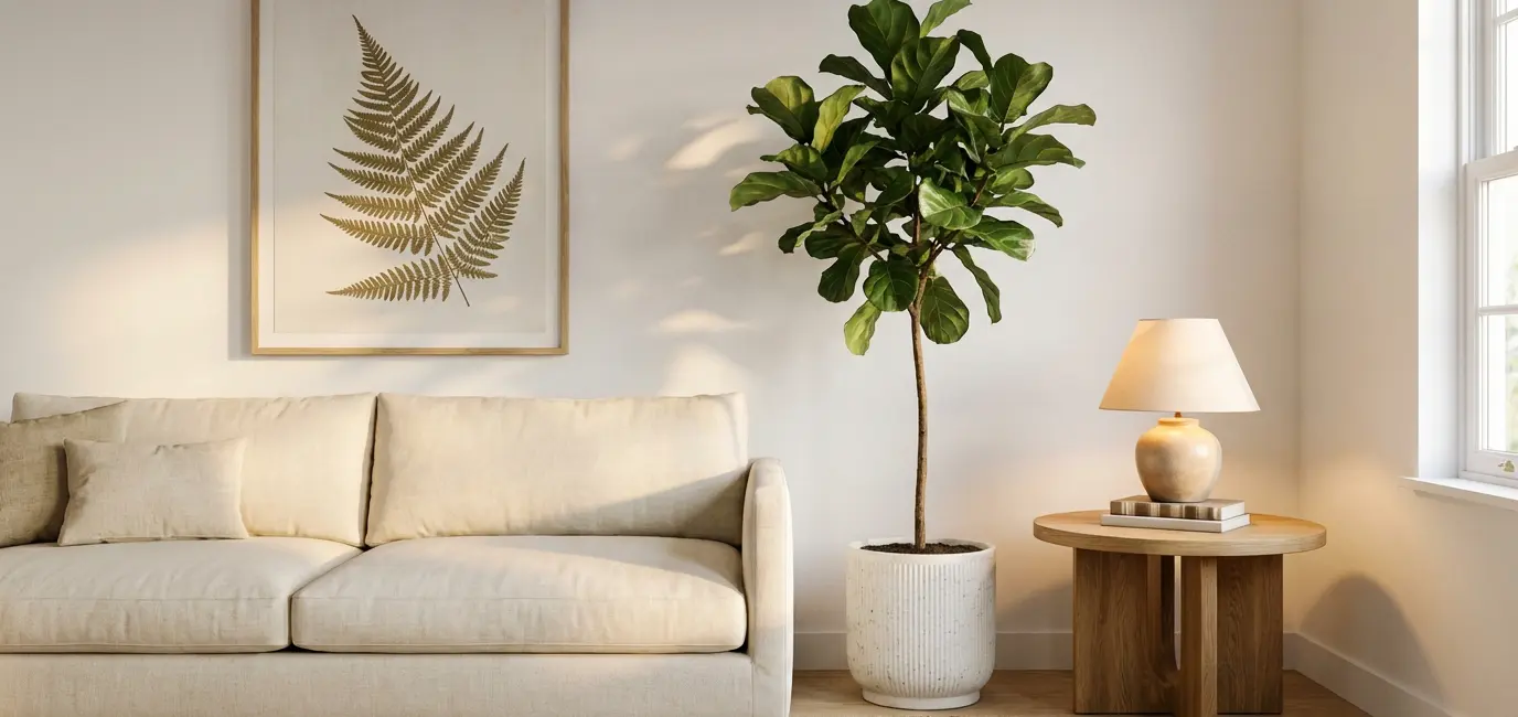 Japandi living room with botanical art print and fiddle leaf fig tree