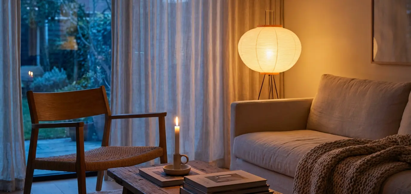 Cozy Japandi living room evening with warm lamp light and linen throw