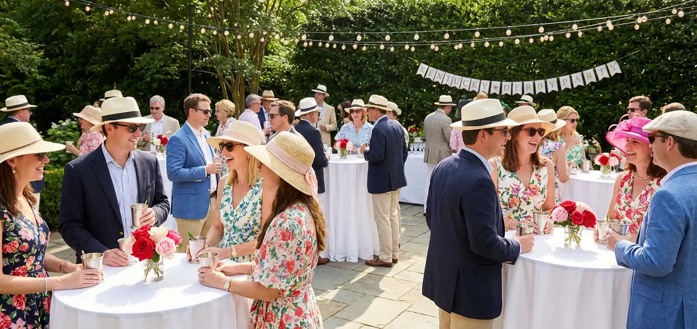 Kentucky Derby party gathering on sunlit patio with white linen tables and floral centerpieces