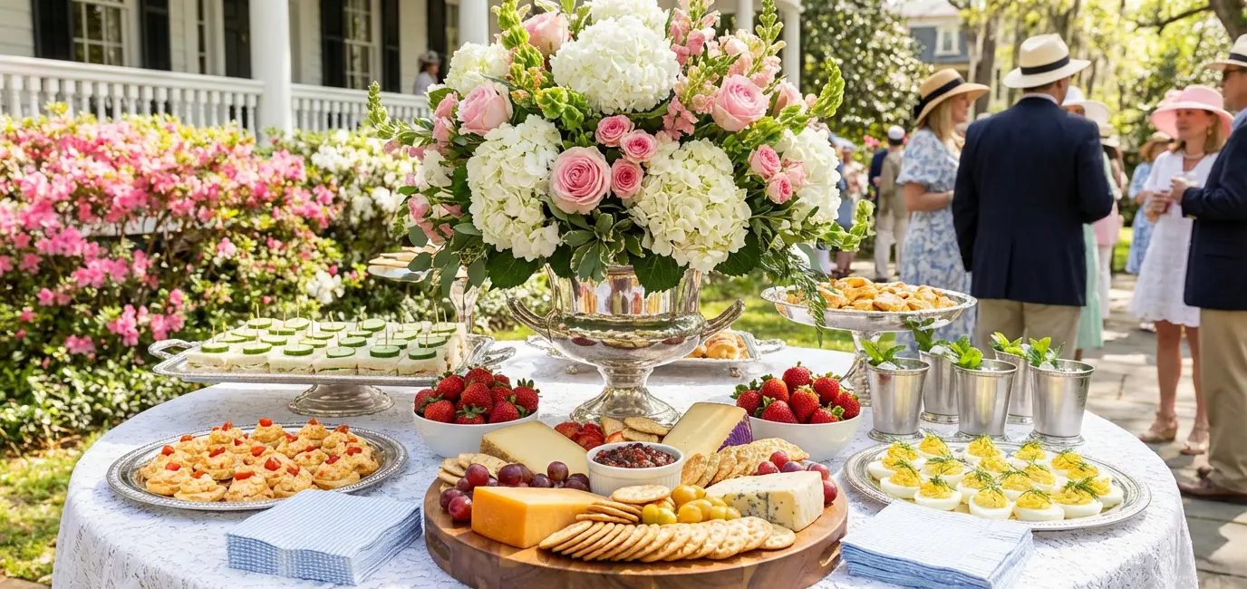 Kentucky Derby party food spread with finger sandwiches deviled eggs and cheese board on buffet table