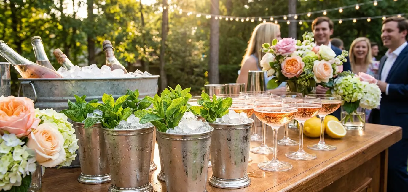 mint julep cocktails in silver cups with fresh mint and sparkling rose wine at Kentucky Derby party