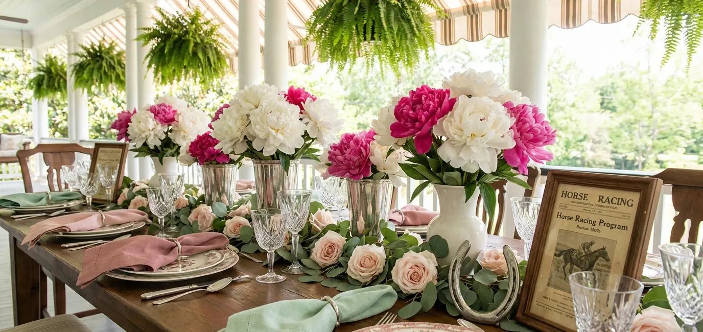 Kentucky Derby party table decorations with pink peony floral arrangements and rose garland