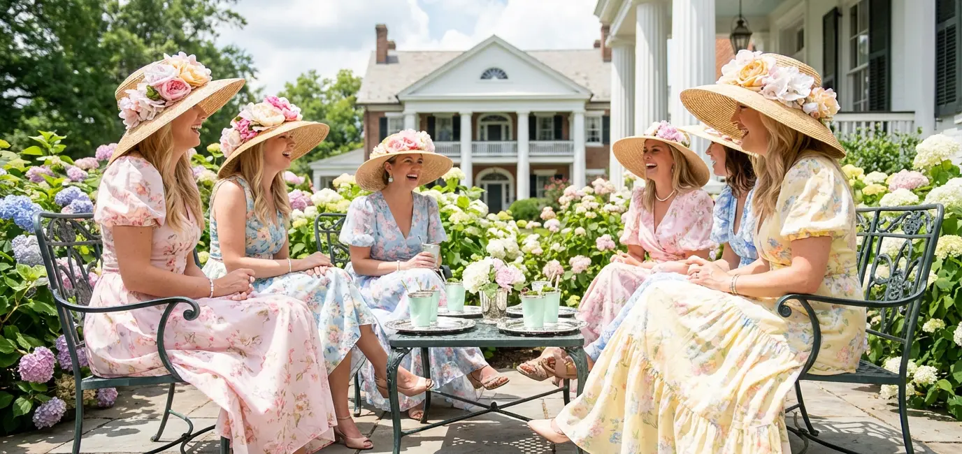 elegant women at Kentucky Derby 2026 party wearing wide brim floral fascinators and garden party dresses