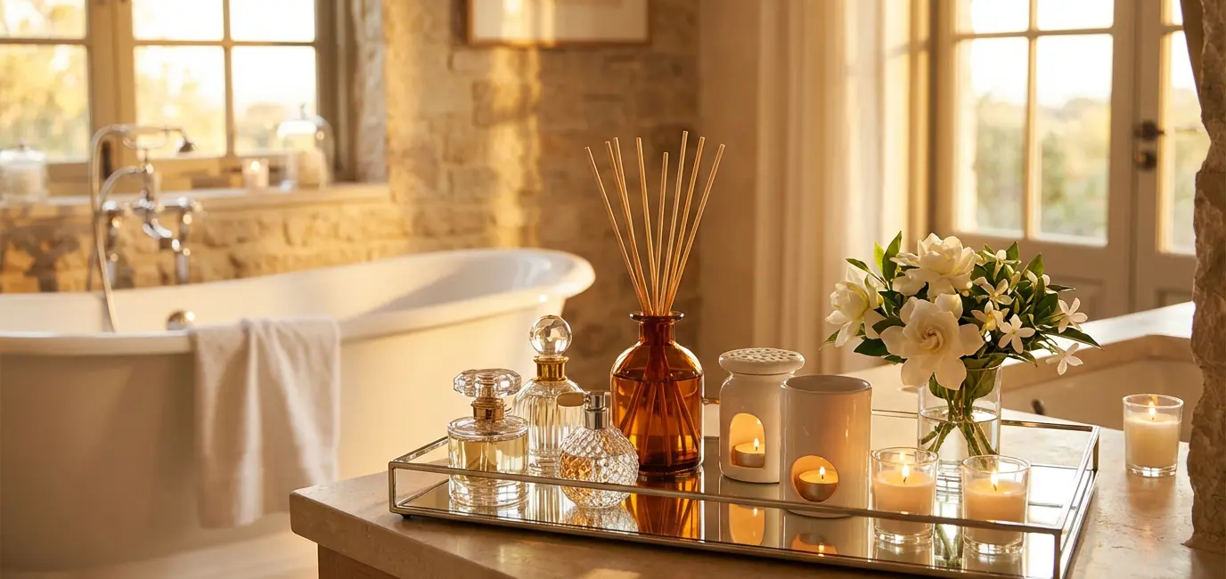 luxury perfume bottles on mirrored tray with candles and white flowers in bathroom