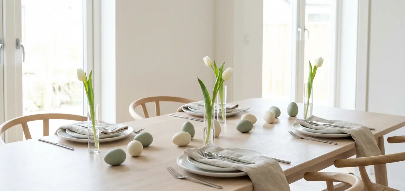 minimalist modern Easter table setting with white plates and single stem tulips in bud vases