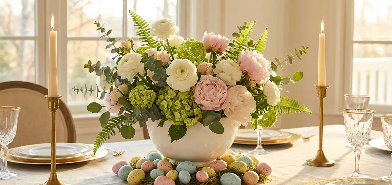 lush Easter centerpiece with white ranunculus blush peonies green hydrangea and spring greenery