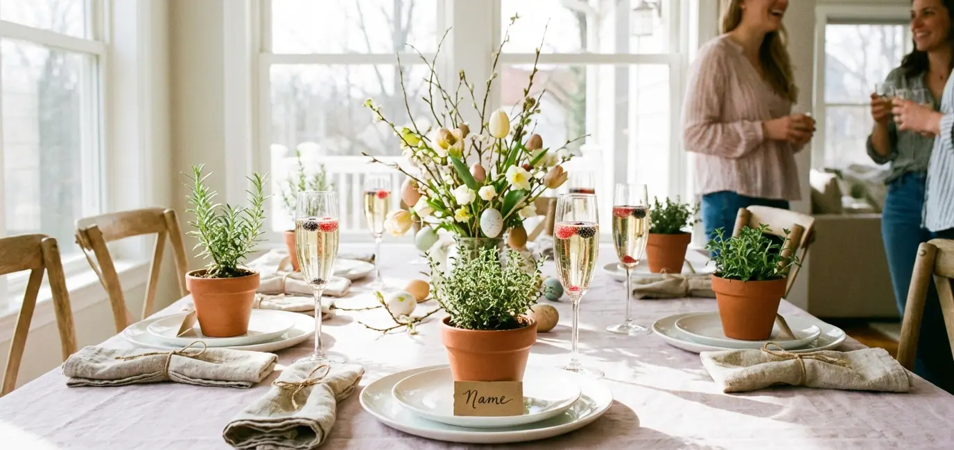 Easter brunch table for four with champagne flutes herb pot place cards and linen napkins