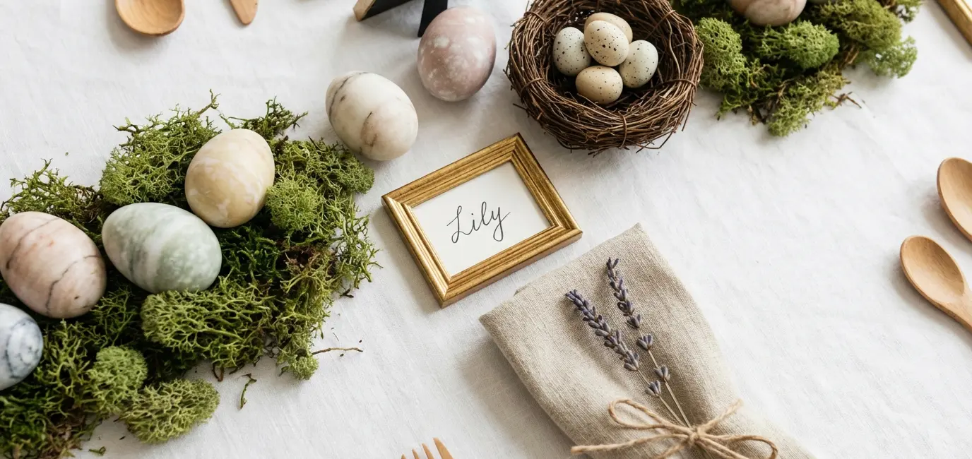 close up Easter tablescape details with marble eggs dried flower napkin ring and gold place card