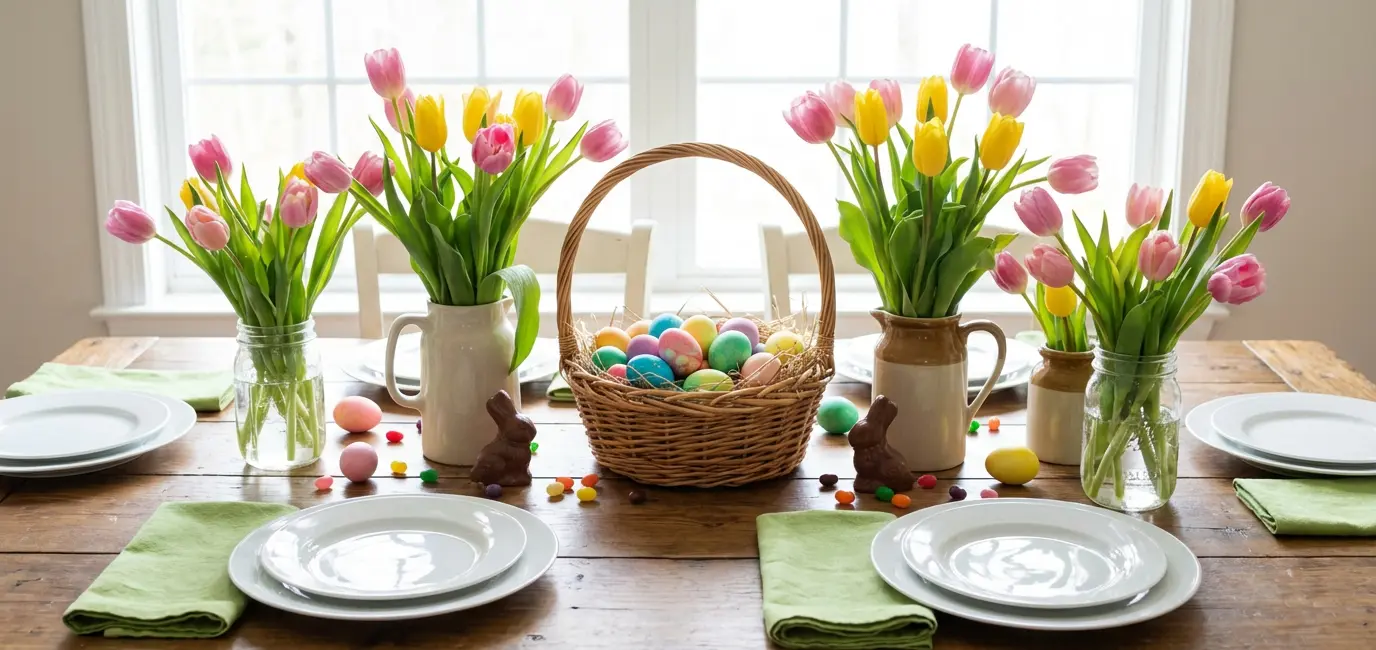 budget-friendly Easter table decoration with grocery store flowers wicker basket and colorful Easter eggs
