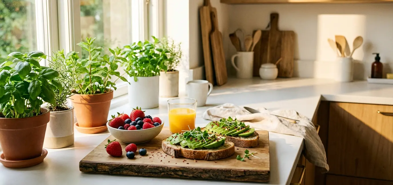 healthy breakfast preparation in bright kitchen — avocado toast berries orange juice morning