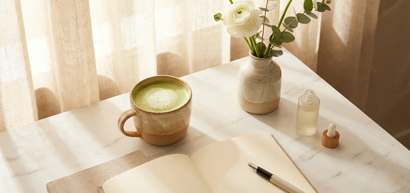 morning routine ideas for women — coffee journal and flowers on marble surface