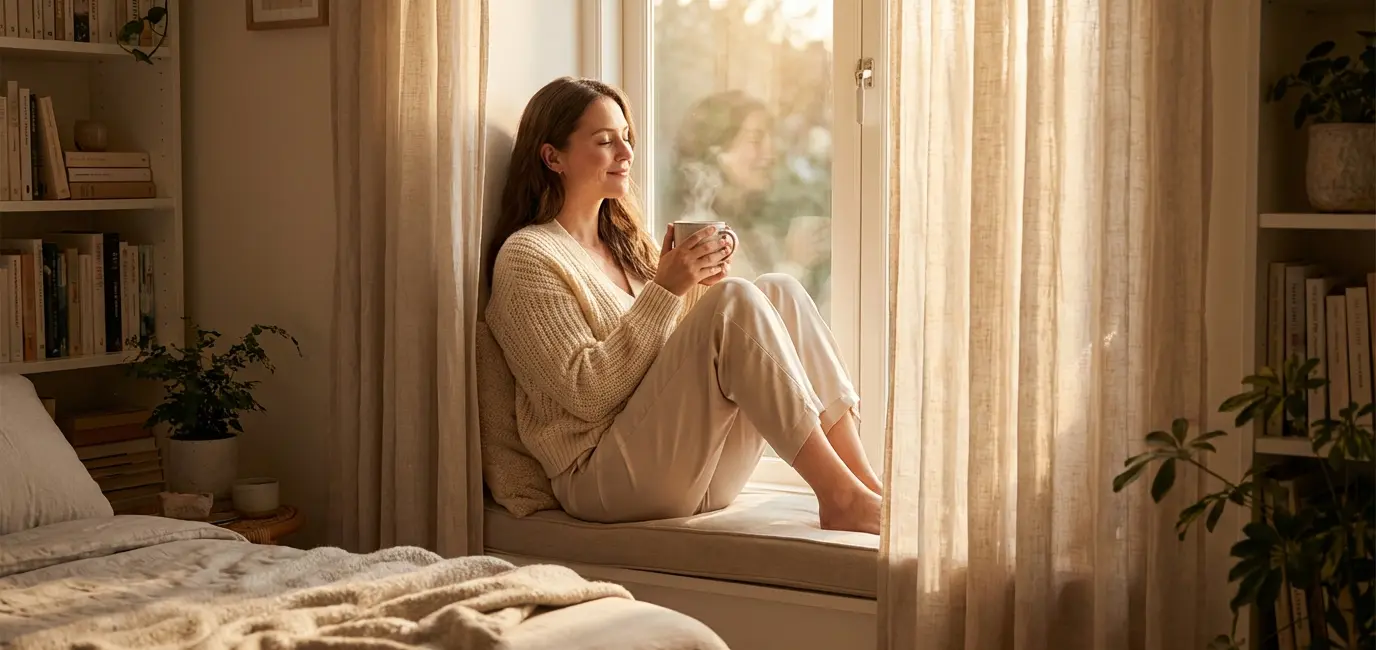 woman in cozy loungewear with morning coffee by window — peaceful morning routine