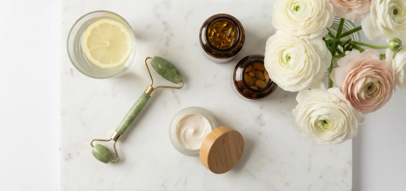 morning skincare and wellness ritual flat lay — jade roller skincare glass of water