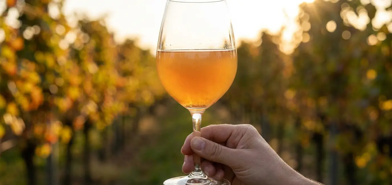 Glass of orange natural wine held to sunlight showing amber cloudy color in a vineyard