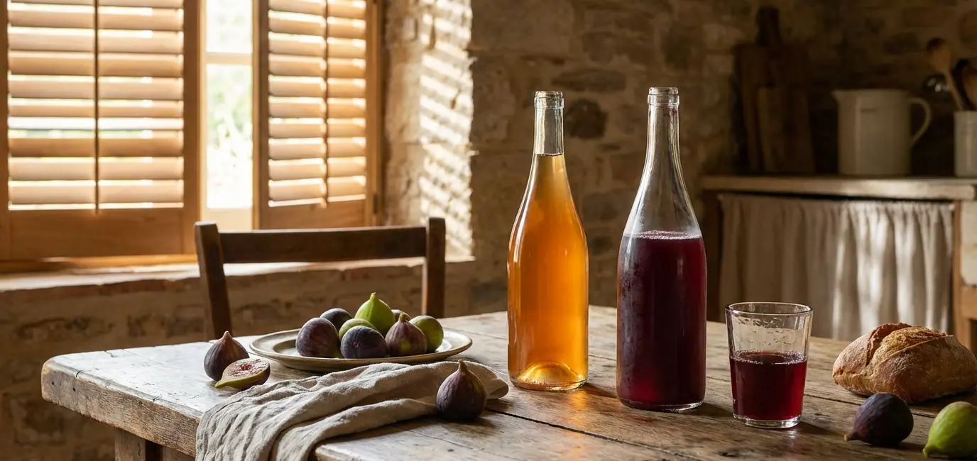 Natural wine guide for beginners — bottles of natural and orange wine on a rustic farmhouse table