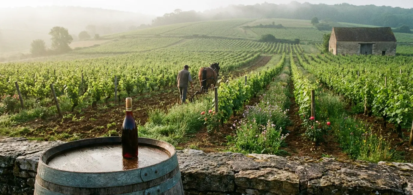Biodynamic organic vineyard with wooden barrel and natural wine bottle on stone wall at sunrise