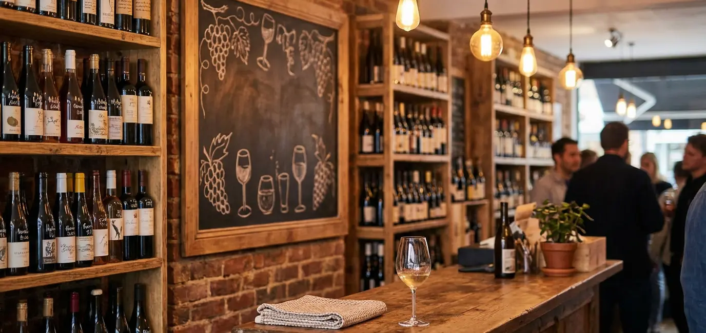 Natural wine shop with handwritten label bottles on wooden shelves and chalkboard tasting notes
