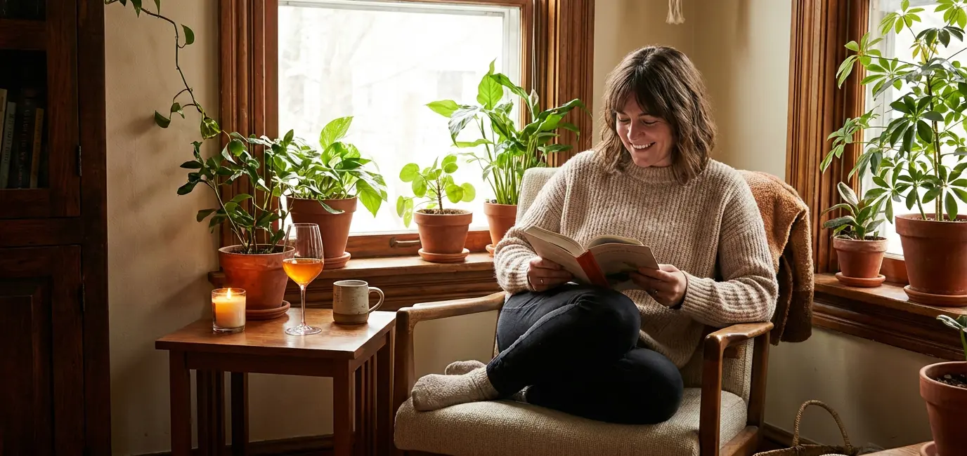 Woman relaxing with a glass of natural orange wine at home by a window with candle and houseplants