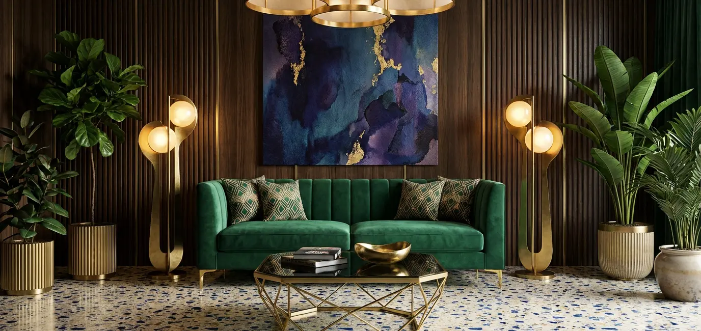 neo deco interior design 2026 living room with jewel tones and brass accents