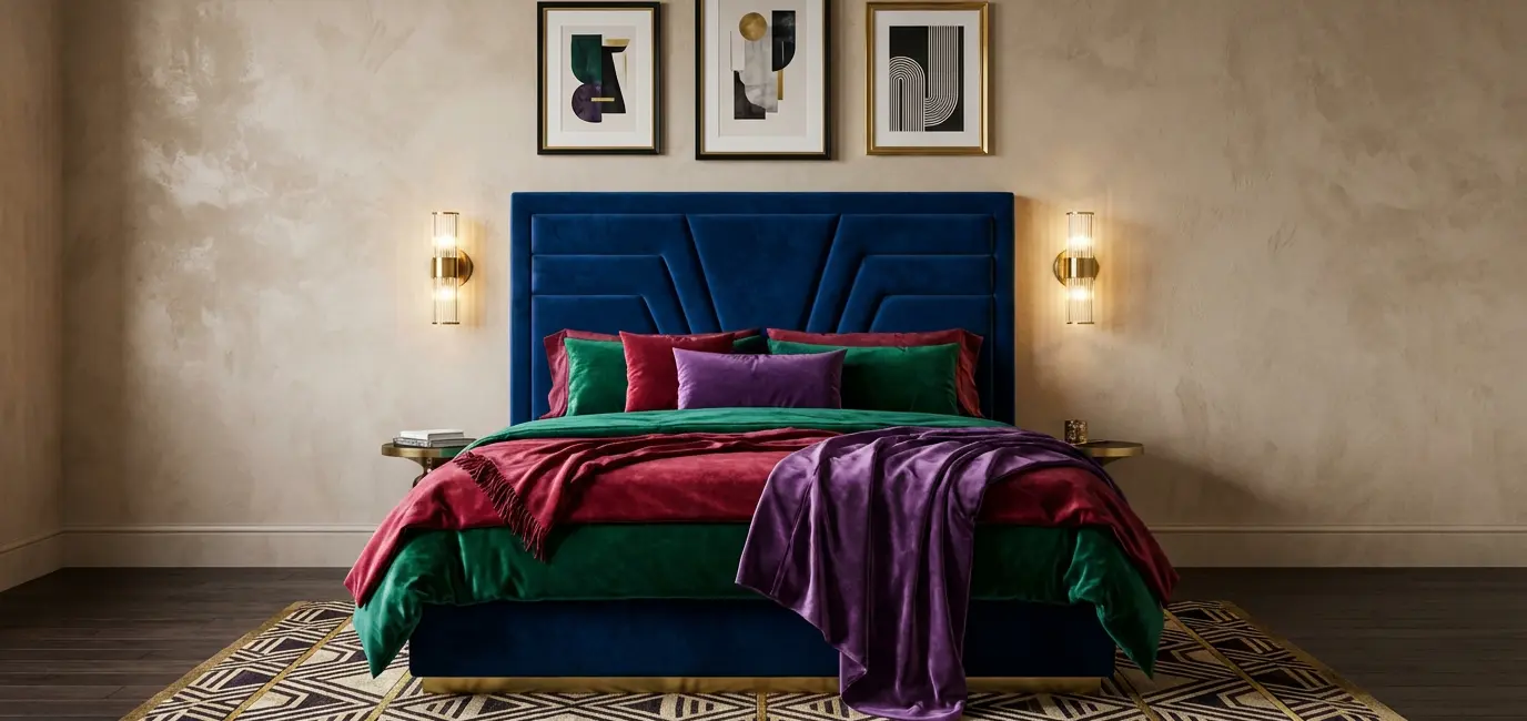 neo deco bedroom design 2026 sapphire blue headboard brass sconces jewel tone bedding