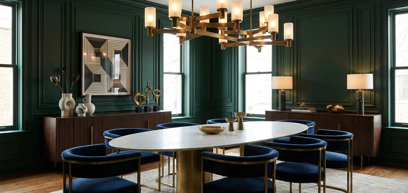 neo deco dining room dark green walls geometric chandelier velvet chairs marble table