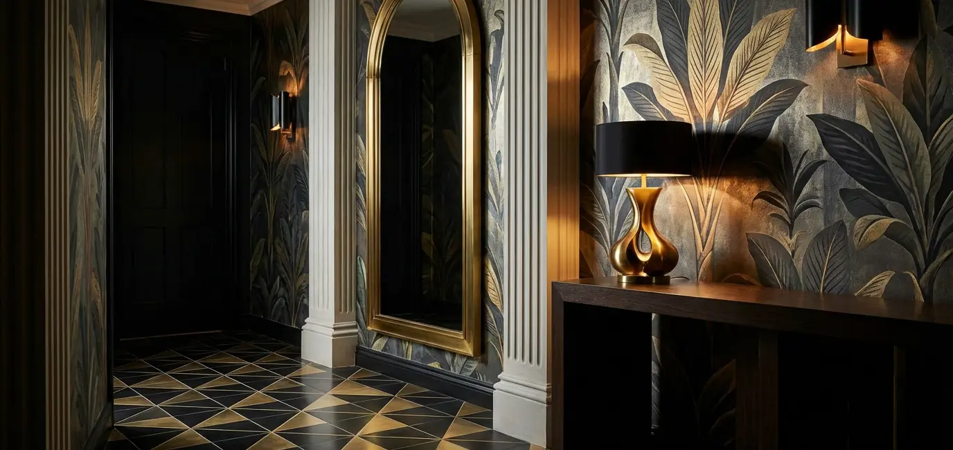 neo deco entryway foyer with geometric floor tiles brass mirror and bold wallpaper