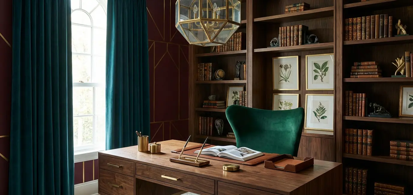 neo deco home office walnut desk brass hardware teal accent wall sculptural chair