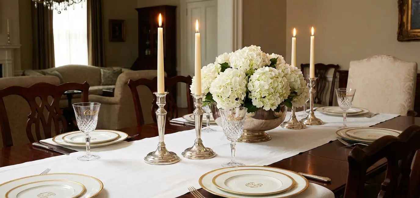 old money aesthetic dining table with white linen fine china crystal glasses silver candlesticks and white hydrangeas