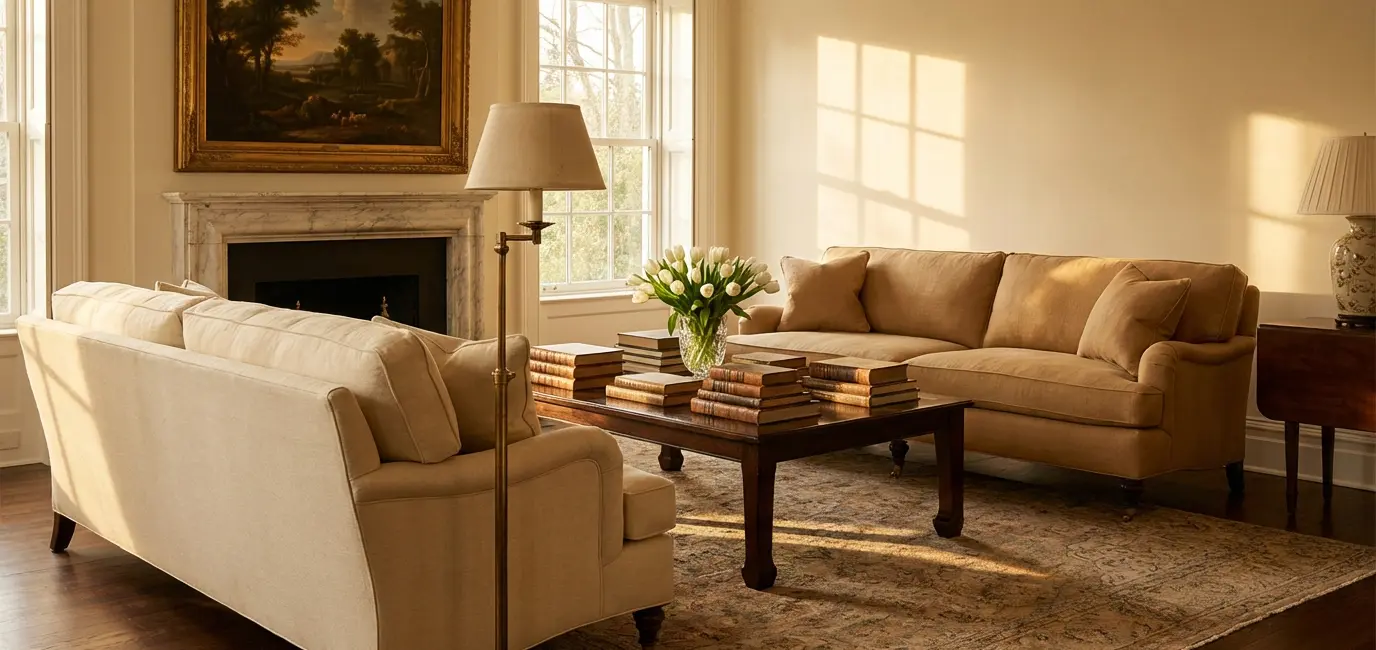 old money aesthetic living room with cream linen sofas gilded oil painting Persian rug and crystal vase of tulips