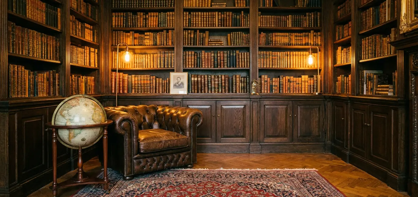old money lifestyle aesthetic home library with dark wood bookshelves leather chair antique globe and Persian rug