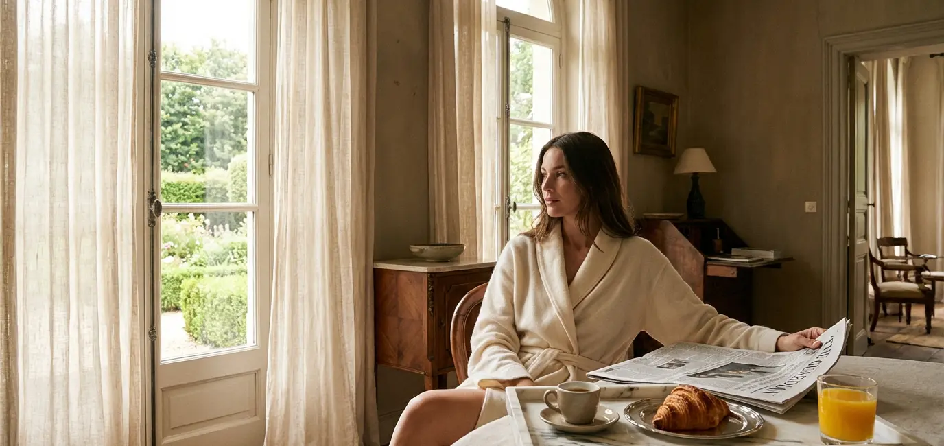 old money lifestyle aesthetic morning routine with cashmere robe newspaper marble breakfast tray espresso and garden view