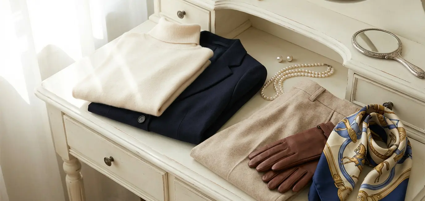 old money aesthetic wardrobe flatlay with cashmere turtleneck navy blazer pearls silk scarf and leather gloves