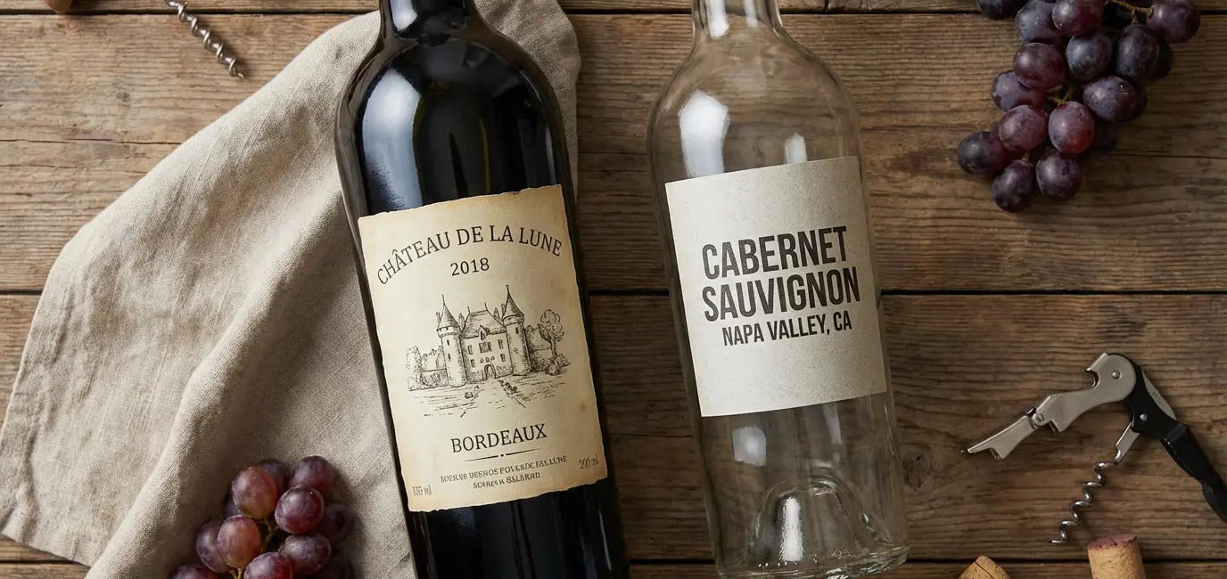 old world vs new world wine labels flat lay on wooden table with linen