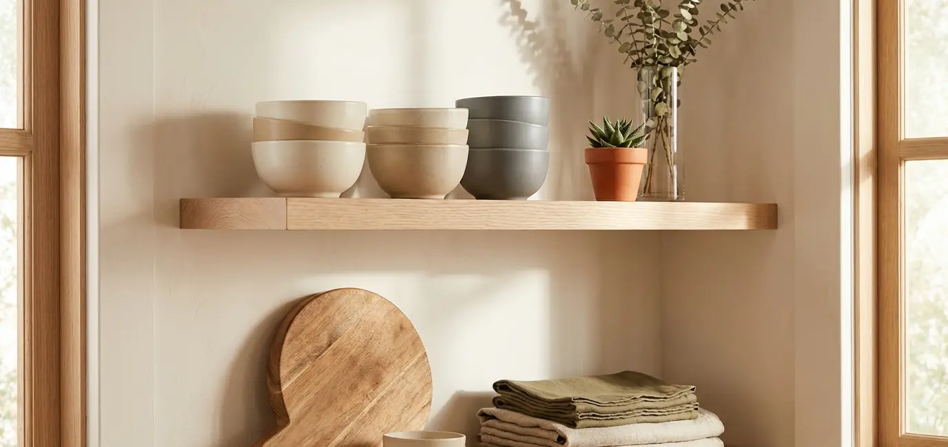 Minimalist Japandi-style open kitchen shelves with neutral ceramics, linen tea towels and dried eucalyptus