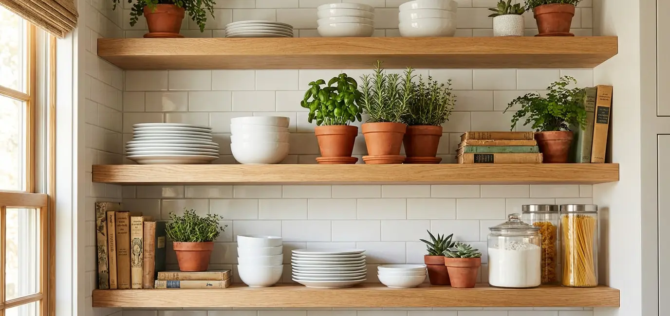 Open kitchen shelving styled with white dishes, terracotta herb pots, and glass canisters on wood floating shelves