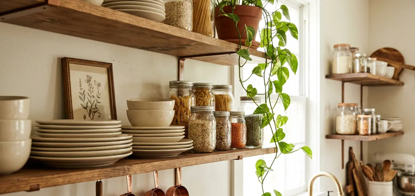 Open kitchen shelving with stacked dinnerware, glass jars, trailing pothos and copper measuring cups
