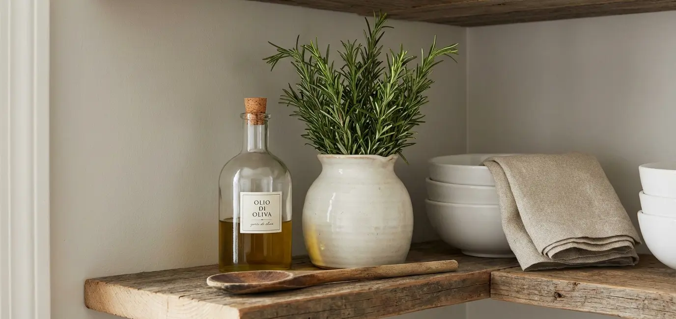 Open kitchen shelf corner with olive oil bottle, fresh rosemary in ceramic vase, and folded linen napkin