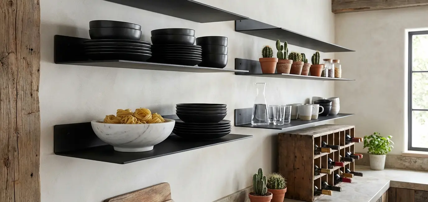 Modern black metal open kitchen shelves with matte black dishes, marble bowl, and glass carafe