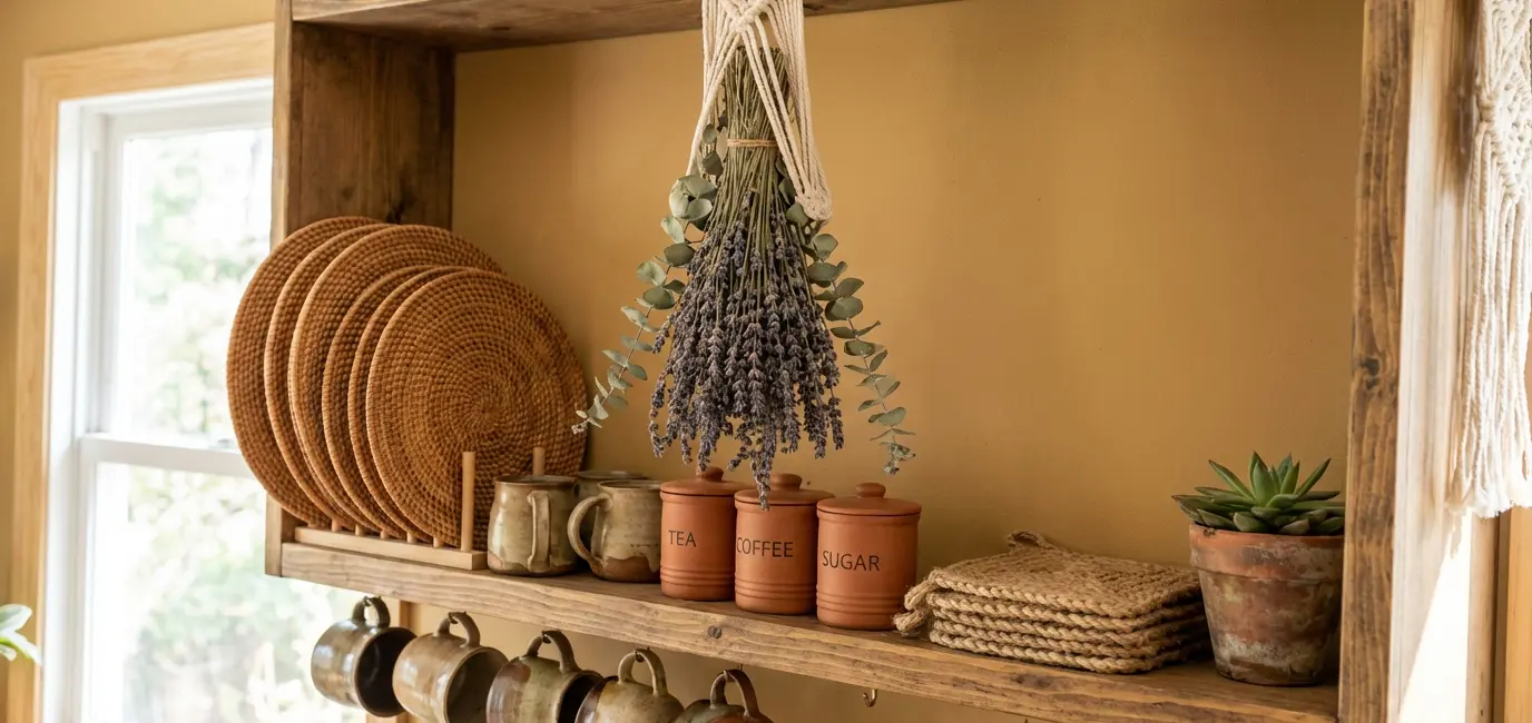 Bohemian open kitchen shelf with rattan placemats, handmade ceramic mugs, dried flowers and terracotta canisters