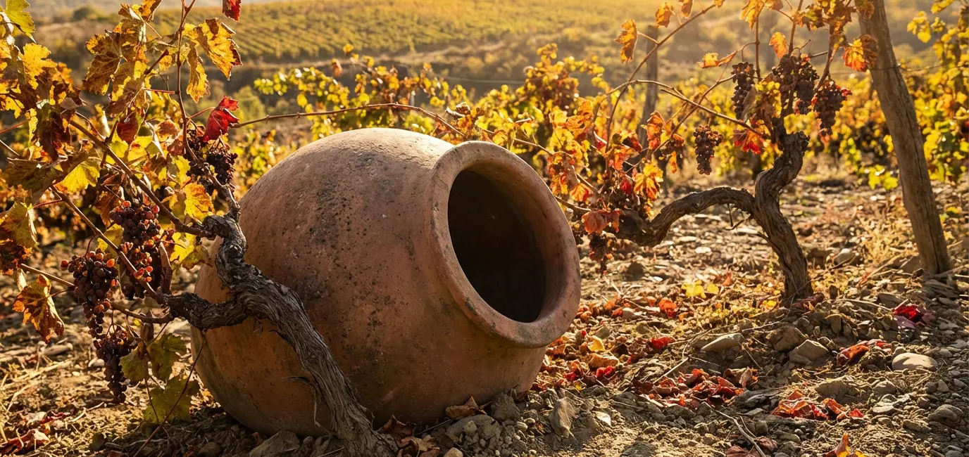 Traditional Georgian qvevri clay amphora buried in vineyard earth for orange wine making