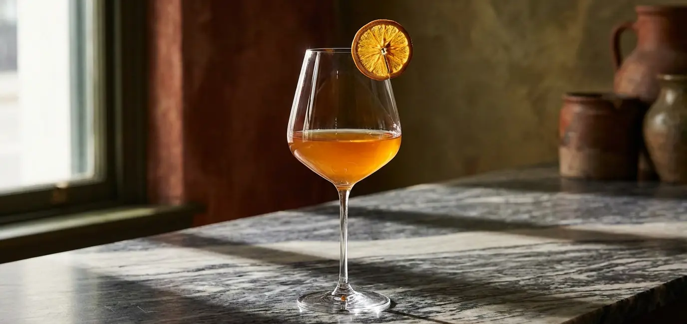Orange wine in a tulip glass with warm amber color against a dark moody backdrop