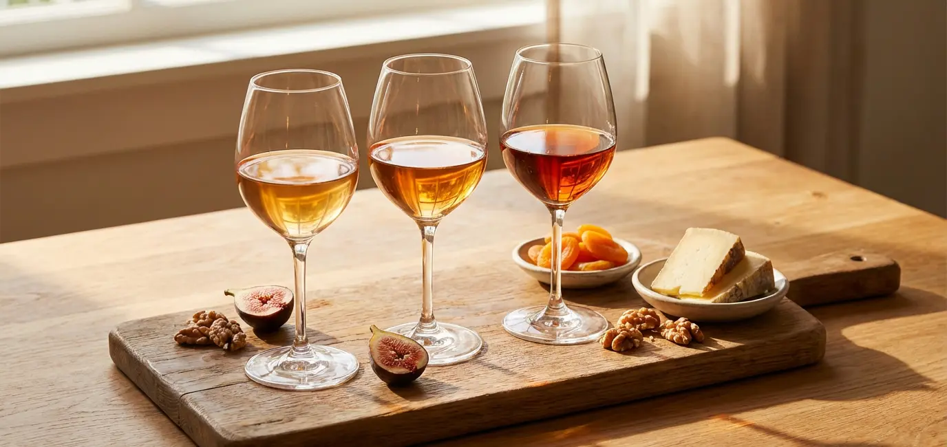 Orange wine flight showing three glasses from light amber to deep copper beside charcuterie