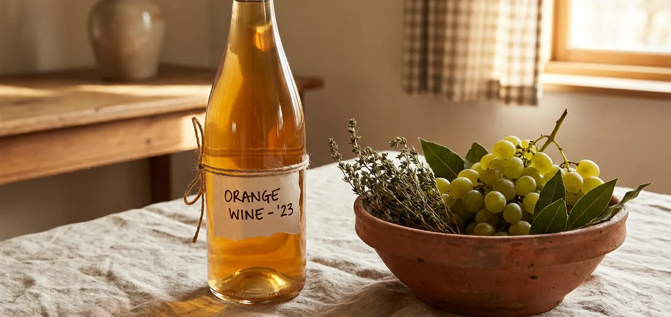 Orange wine bottle on a linen tablecloth beside terracotta bowl of grapes and dried herbs