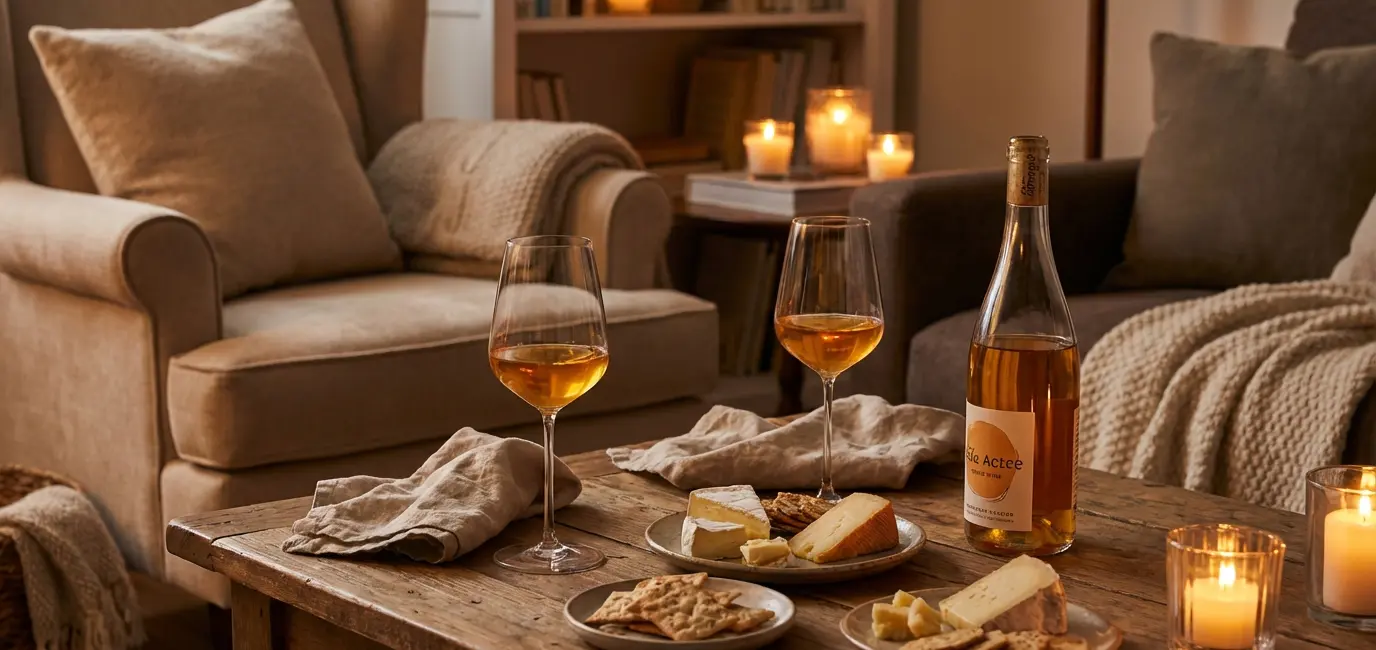 Cozy home orange wine tasting scene with two glasses on a wooden coffee table by candlelight