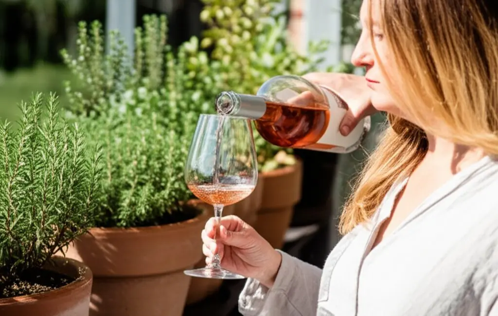 woman pouring organic rose wine on sunny terrace with herbs natural lifestyle