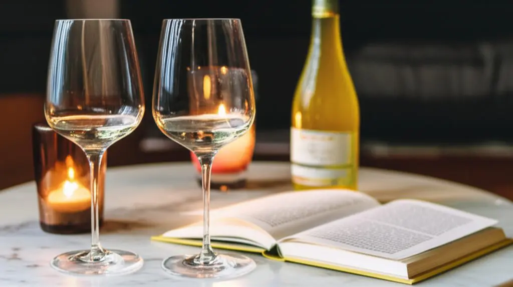 cozy evening wine glasses marble coffee table candles organic wine bottle hygge