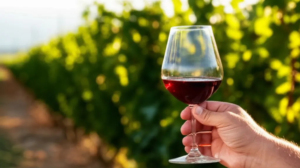 hand holding glass of organic red wine in sunlit vineyard golden hour