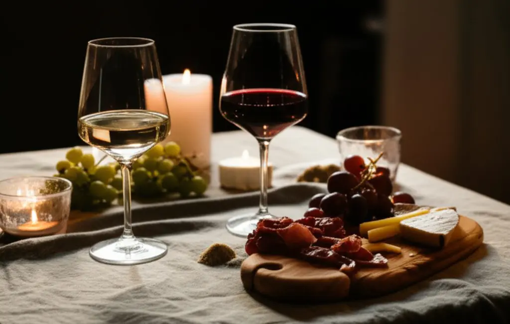 organic wine tasting table with white and red wine glasses charcuterie candles linen