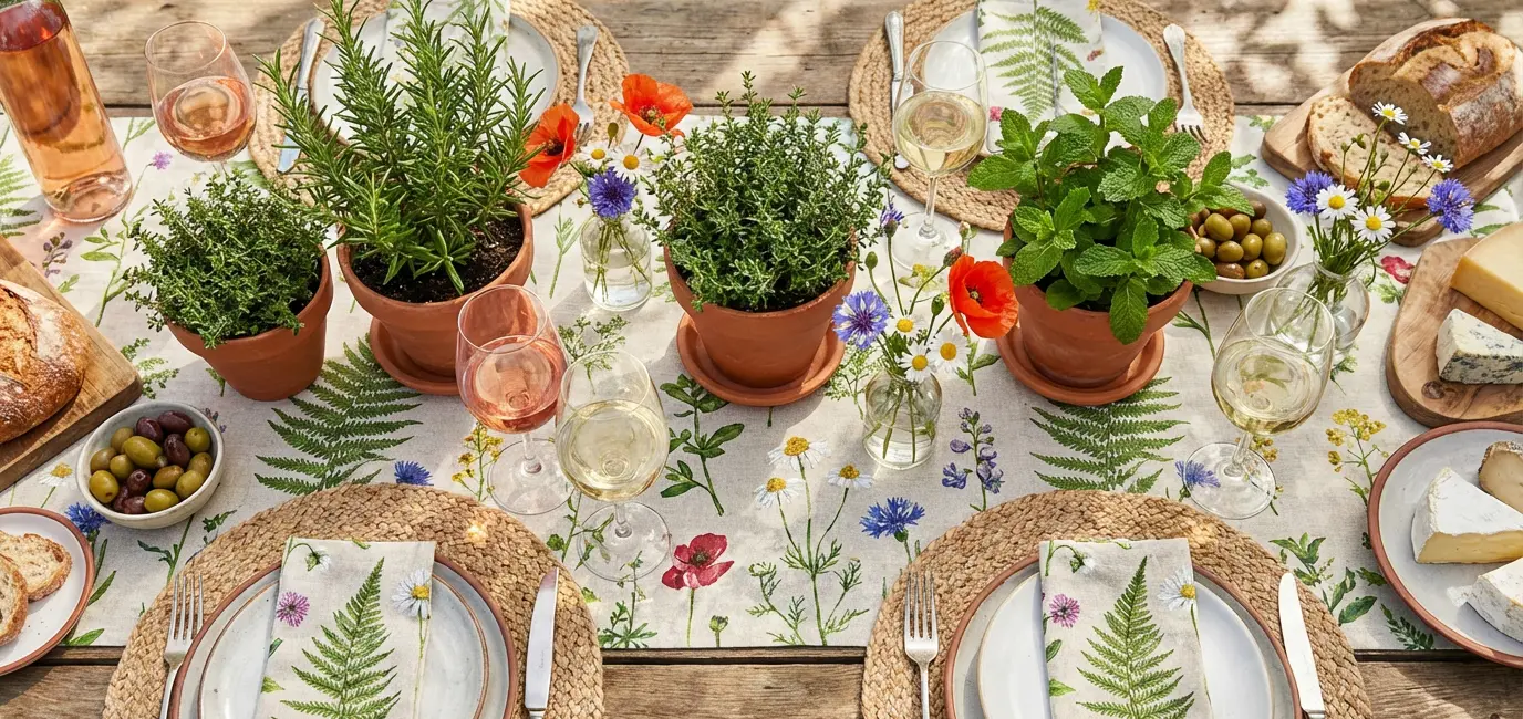 Outdoor spring wine party table flatlay with botanical tablecloth and rosé wine glasses