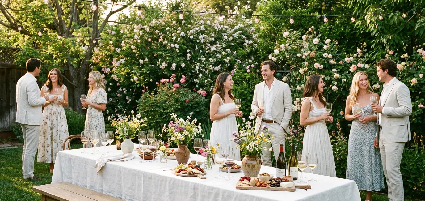 Elegant outdoor spring wine party with long linen table, wildflowers, and string lights